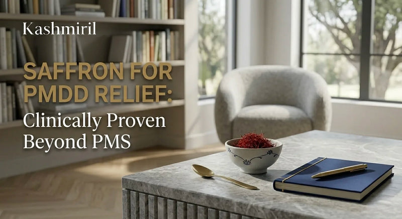 Kashmiril - SAFFRON FOR PMDD RELIEF: Clinically Proven Beyond PMS. Bowl of saffron with journal and pen on a marble table in a peaceful reading nook.