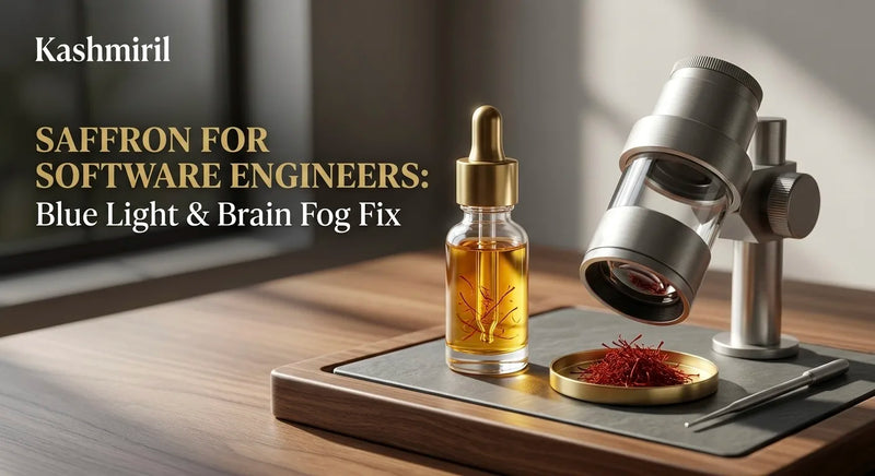 SAFFRON FOR SOFTWARE ENGINEERS: Blue Light & Brain Fog Fix by Kashmiril. Golden saffron dropper bottle and microscope examining saffron threads on a modern wooden desk, symbolizing focus and clarity.