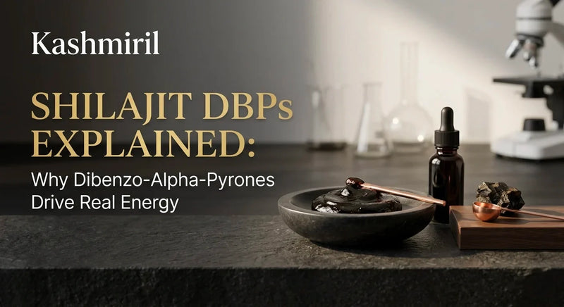 SHILAJIT DBPs EXPLAINED: Why Dibenzo-Alpha-Pyrones Drive Real Energy. Dark shilajit resin in a stone bowl with dropper and lab background.
