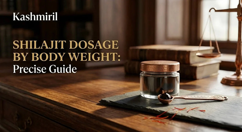 SHILAJIT DOSAGE BY BODY WEIGHT: Precise Guide by Kashmiril. Elegant glass jar of shilajit on slate board with ornate copper spoon, saffron threads, old books, and brass scales in a classic study setting.
