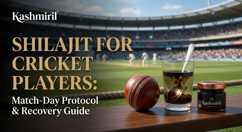 Kashmiril - SHILAJIT FOR CRICKET PLAYERS: Match-Day Protocol & Recovery Guide. Shilajit jar, glass with dissolved resin and cricket ball on wooden bench in front of cricket stadium.