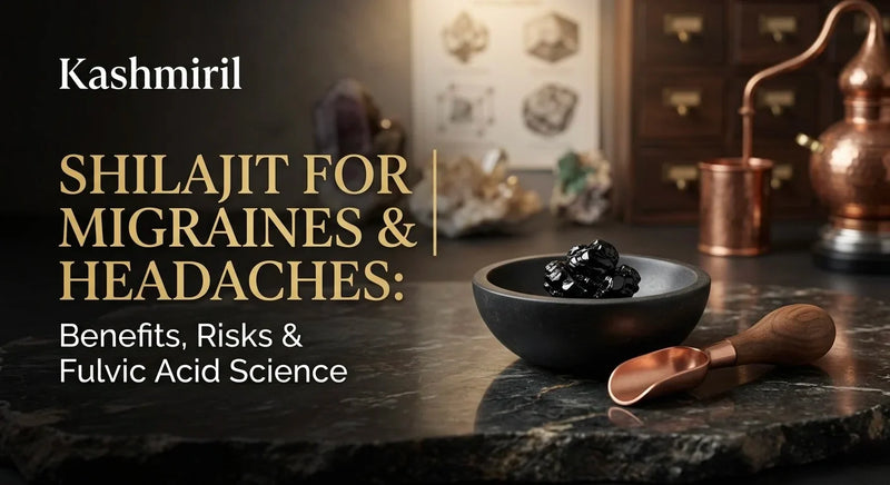 SHILAJIT FOR MIGRAINES & HEADACHES: Benefits, Risks & Fulvic Acid Science. Shilajit in black bowl and copper scoop on dark marble.