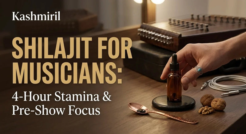 SHILAJIT FOR MUSICIANS: 4-Hour Stamina & Pre-Show Focus. Hand holding Kashmiril Shilajit dropper bottle with sitar and walnuts on wooden table. Kashmiril.