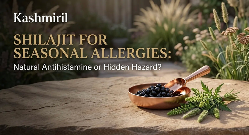 SHILAJIT FOR SEASONAL ALLERGIES: Natural Antihistamine or Hidden Hazard? Copper bowl of shilajit resin balls and fresh green herbs.