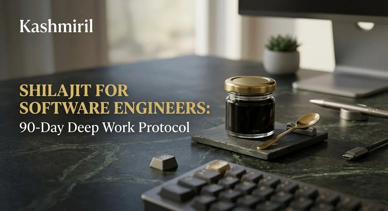 SHILAJIT FOR SOFTWARE ENGINEERS: 90-Day Deep Work Protocol by Kashmiril. Glass jar of pure shilajit with gold lid on dark marble desk beside keyboard, monitor, and brass spoon — perfect productivity setup.