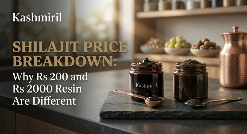 Kashmiril - SHILAJIT PRICE BREAKDOWN: Why Rs 200 and Rs 2000 Resin Are Different. Two jars of Kashmiri shilajit resin (smooth paste vs granular) with copper spoons on dark slate in kitchen setting.