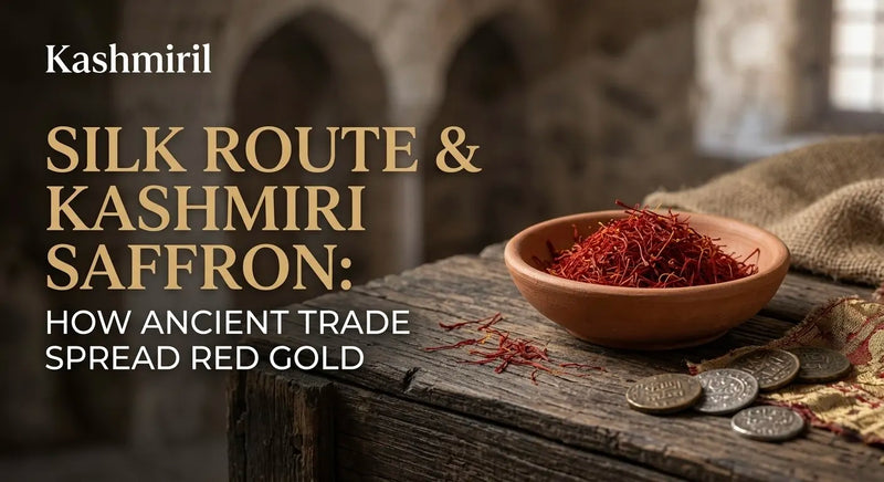 Kashmiril - SILK ROUTE & KASHMIRI SAFFRON: How Ancient Trade Spread Red Gold. Bowl of vibrant saffron threads with ancient coins on rustic wooden table.