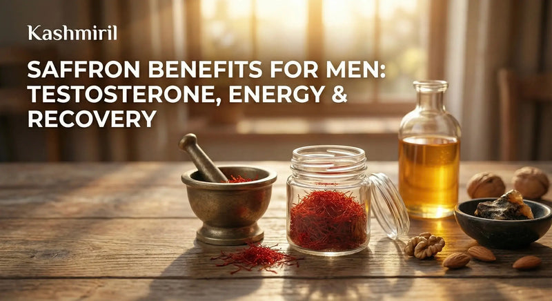 Saffron on a wooden table with text about "Saffron Benefits For Men: Testosterone, Energy & Recovery".