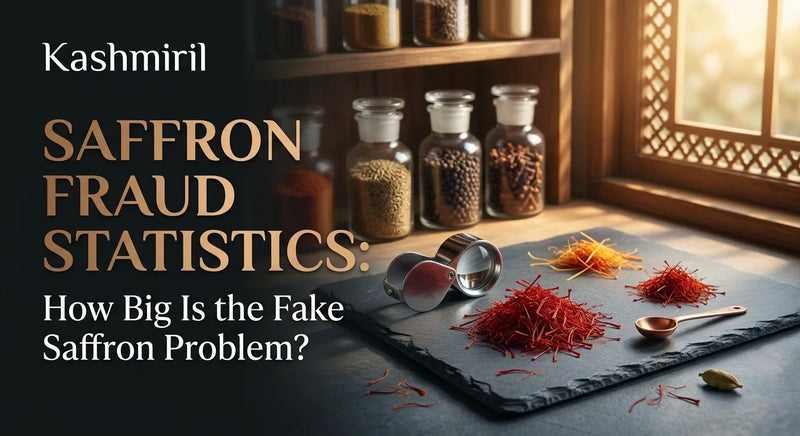 Saffron Fraud Statistics: How Big Is the Fake Saffron Problem? Saffron threads and a magnifying glass on dark slate.
