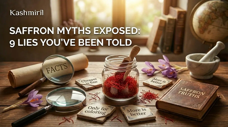 Saffron Myths Exposed: 9 Lies You've Been Told — A jar of saffron threads surrounded by crocus flowers, a magnifying glass over "Facts," myth cards, and a book titled "Saffron Truths" on a wooden desk.