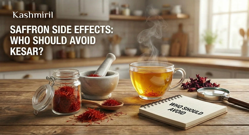 Saffron threads in jar with kesar tea and mortar - Saffron Side Effects: Who Should Avoid Kesar?