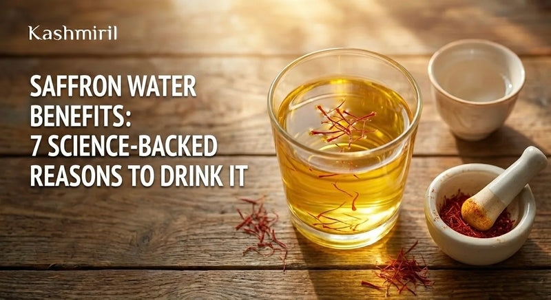 Saffron Water Benefits: 7 Science-Backed Reasons to Drink It - Golden saffron-infused water in a glass with floating red threads, mortar with dried saffron, on wooden table with warm sunlight - Kashmiril