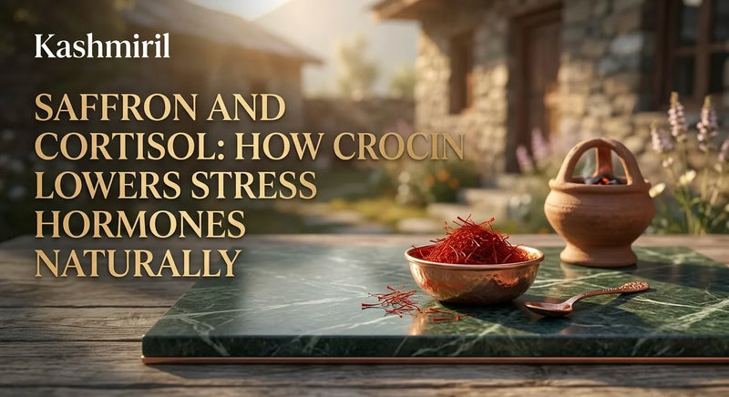 Saffron and Cortisol: How Crocin Lowers Stress Hormones Naturally - A copper bowl of saffron on a green marble outdoor table.