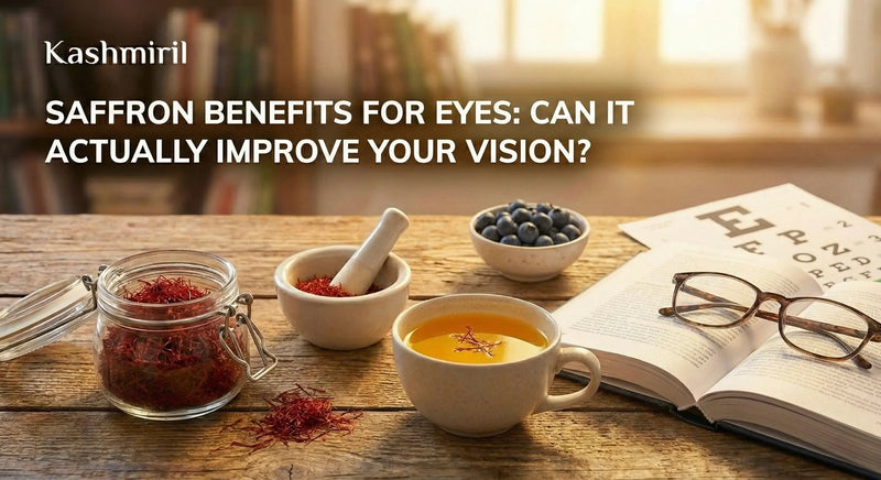 Saffron benefits for eyes: Can It Actually Improve Your Vision? -  jar of saffron threads, mortar and pestle, saffron tea, blueberries, reading glasses and eye chart on wooden table