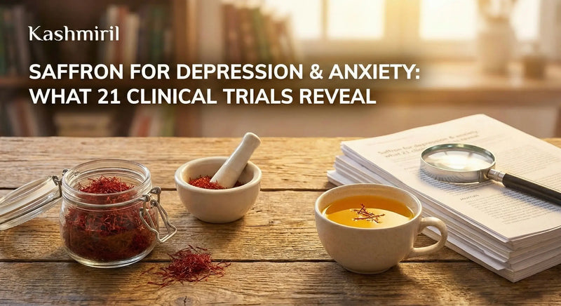 Saffron for Depression & Anxiety: What 21 Clinical Trials Reveal - Kashmiri saffron threads in glass jar, mortar and pestle, and saffron-infused tea alongside research journals and magnifying glass on wooden table