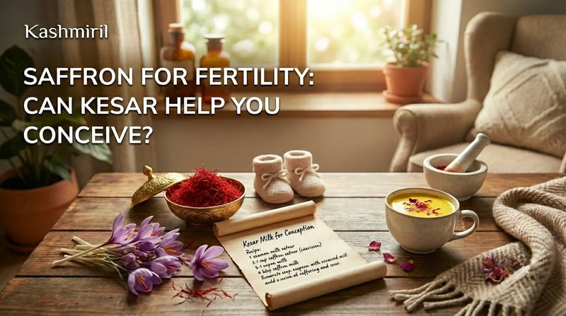 Saffron for Fertility: Can Kesar Help You Conceive — a warm setting with Kashmiri saffron threads in a brass bowl, kesar milk, crocus flowers, baby booties, and a handwritten conception recipe by Kashmiril