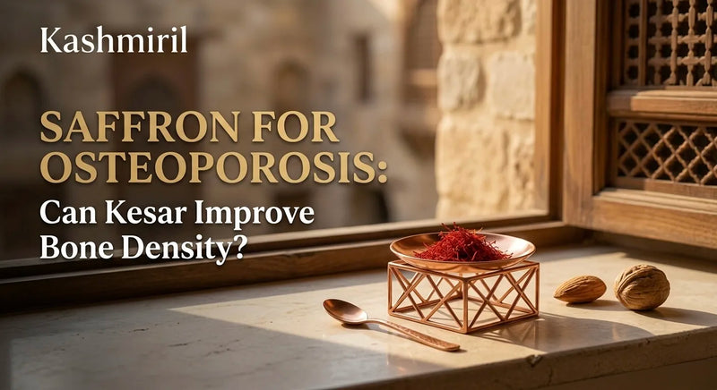 Saffron for Osteoporosis: Can Kesar Improve Bone Density? Copper dish with saffron, almonds, and a walnut on a sunny windowsill.