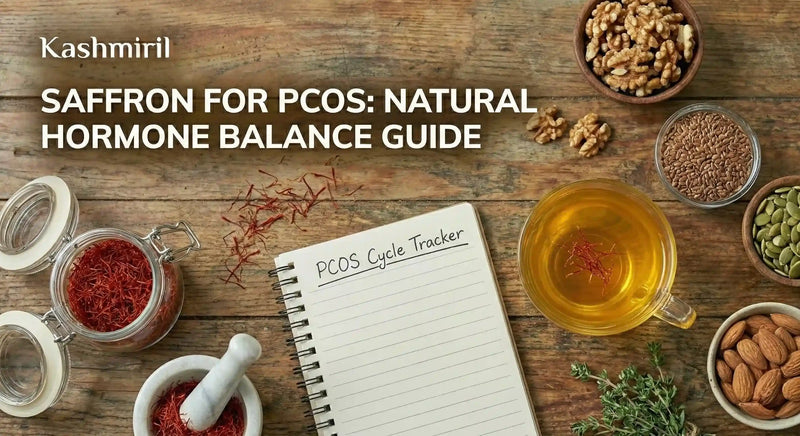 Saffron for PCOS: Natural Hormone Balance Guide - Kashmiri saffron threads, saffron tea, cycle tracker notebook with PCOS-friendly foods on wooden table