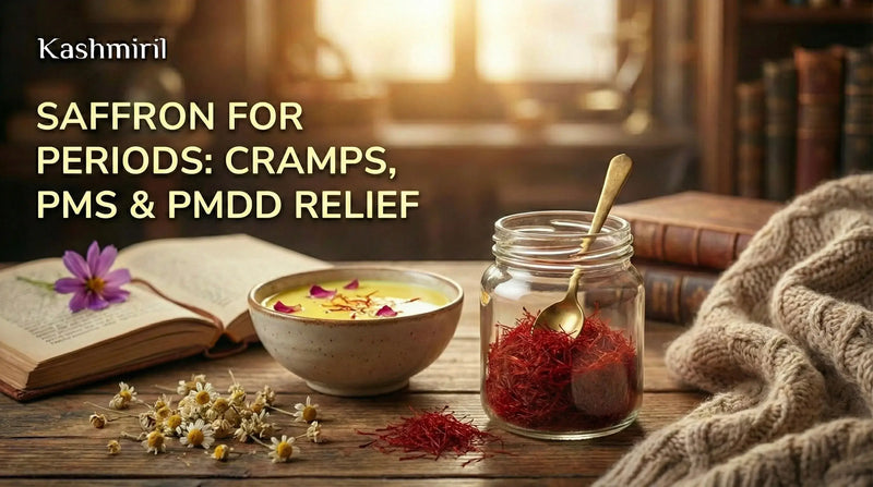 Saffron for Periods — A bowl of saffron milk and a jar of Kashmiri Mongra saffron threads on a rustic table with a crocus flower and open book, representing natural relief for cramps, PMS and PMDD.