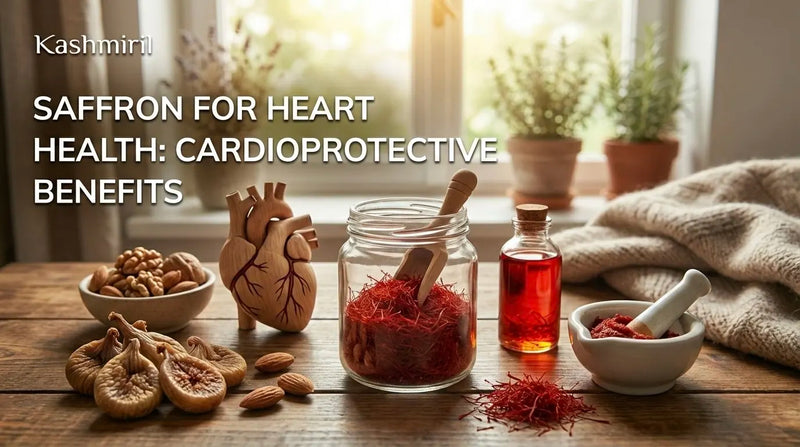 Saffron for heart health: cardioprotective benefits — saffron threads, dry fruits, and a wooden heart model on a rustic table.