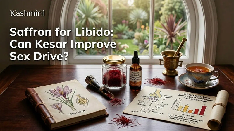 Saffron for libido: Kashmiri kesar threads, saffron tea, and clinical trial charts showing how saffron can improve sex drive.