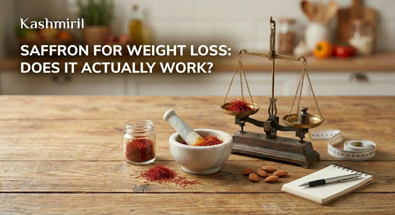 Saffron for weight loss: Does it actually work? - Saffron threads in a jar, mortar and pestle, vintage weighing scale, measuring tape, almonds, and notepad on wooden table
