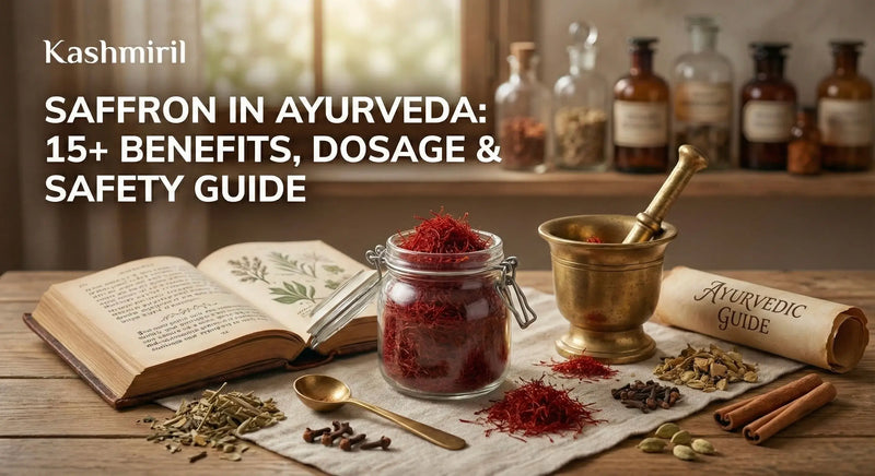 Saffron in Ayurveda: 15+ Benefits, Dosage & Safety Guide - Glass jar filled with Kashmiri saffron threads alongside brass mortar and pestle, ancient Ayurvedic herbal book, other spices, and traditional scroll on wooden table