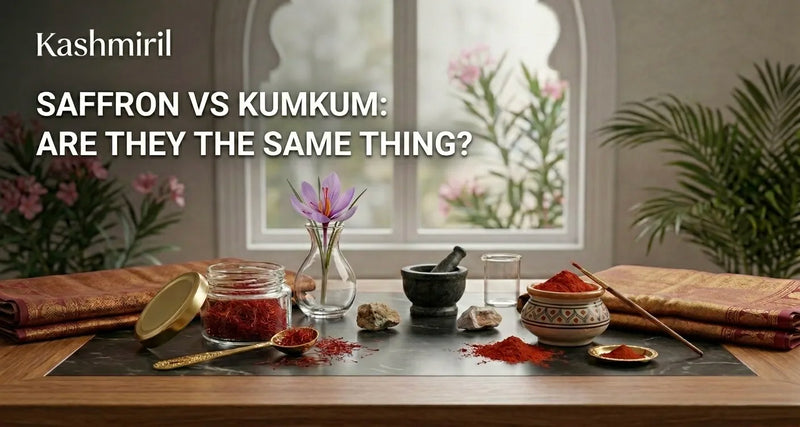 Saffron threads in a jar beside kumkum powder and crocus flower — Saffron vs Kumkum: Are They the Same Thing? by Kashmiril