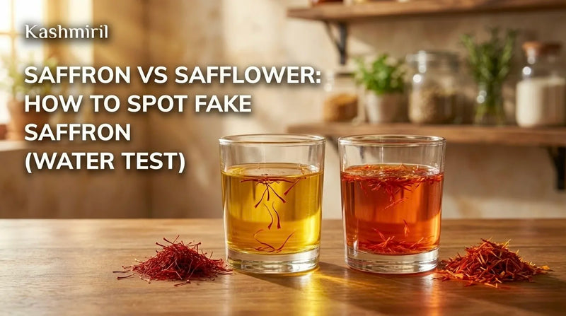 Saffron vs Safflower water test comparison showing real saffron releasing golden-yellow color slowly on the left while fake safflower turns water blood-red instantly on the right