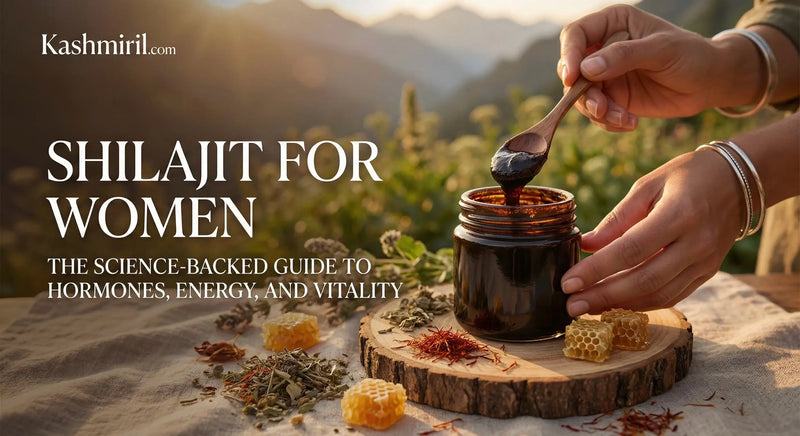Person holding a spoon over a jar of shilajit with a scenic background, promoting shilajit for women's health.