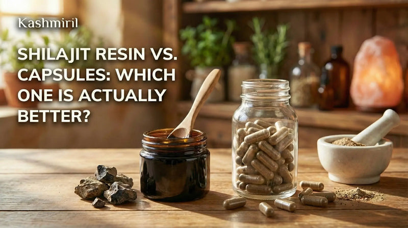 A side-by-side comparison of authentic Himalayan Shilajit resin vs. capsules by Kashmiril, illustrating the blog title: Shilajit Resin vs. Capsules: Which One Is Actually Better?
