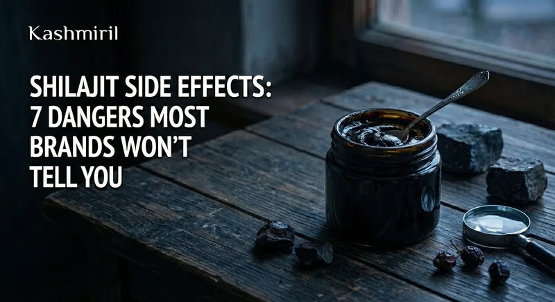 Shilajit Side Effects: 7 Dangers Most Brands Won't Tell You - A glass jar of dark shilajit resin with a spoon, surrounded by raw shilajit rocks on a rustic wooden table, representing the importance of quality and purity in Himalayan shilajit supplements