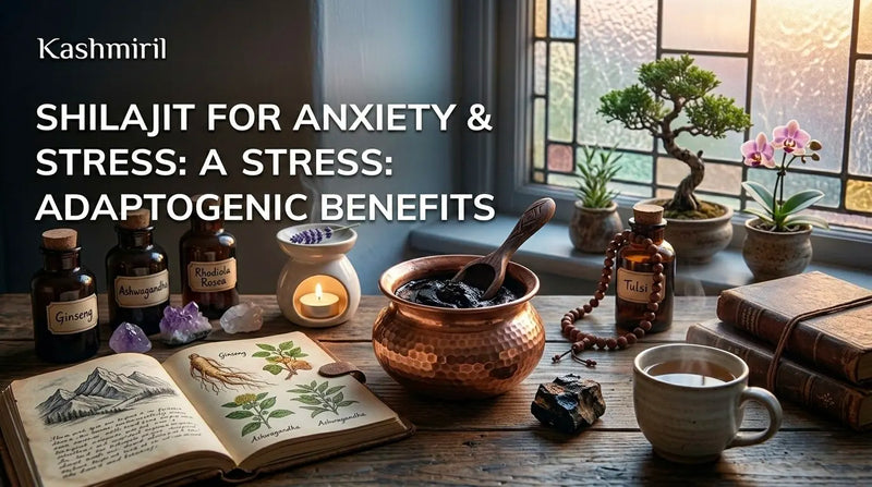 Shilajit resin in copper bowl with adaptogens and Ayurvedic herbs — Shilajit for Anxiety & Stress: Adaptogenic Benefits guide.