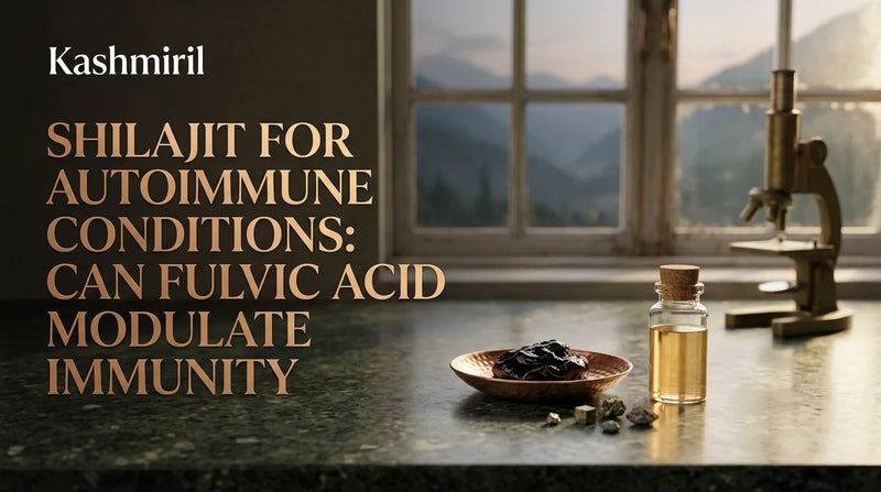 Shilajit for Autoimmune Conditions: Can Fulvic Acid Modulate Immunity - Shilajit resin and a vial by a microscope.