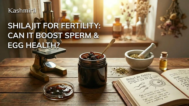 Shilajit for Fertility: Can It Boost Sperm & Egg Health? — A jar of pure Himalayan Shilajit resin on a wooden table beside a microscope, mortar and pestle, and an open research notebook with sperm and egg cell illustrations.