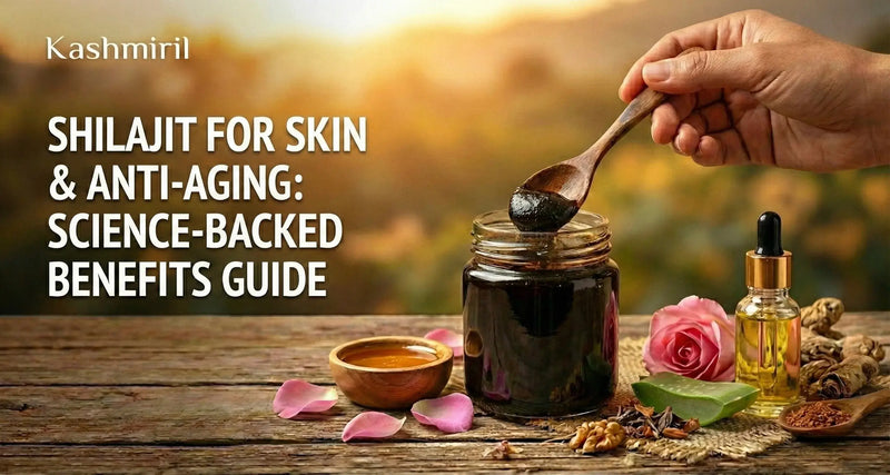 Shilajit for Skin & Anti-Aging: Hand scooping pure Himalayan shilajit resin from glass jar with wooden spoon, surrounded by honey, rose petals, aloe vera, and essential oils