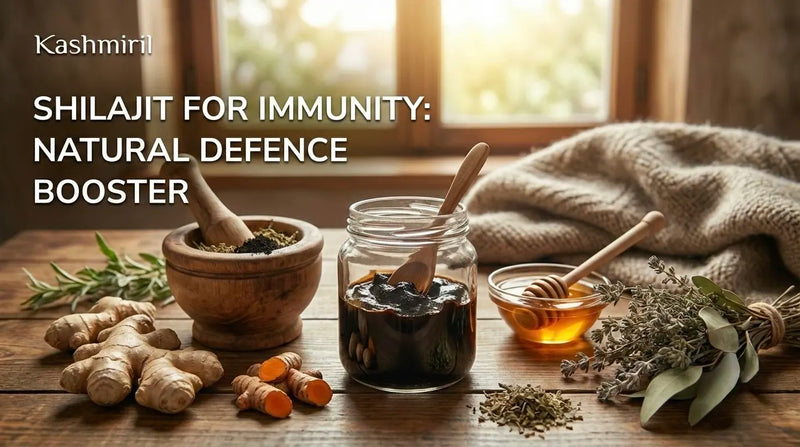 Shilajit for immunity: jar of pure Shilajit resin with honey, turmeric, and herbs on a wooden table — natural defence booster.