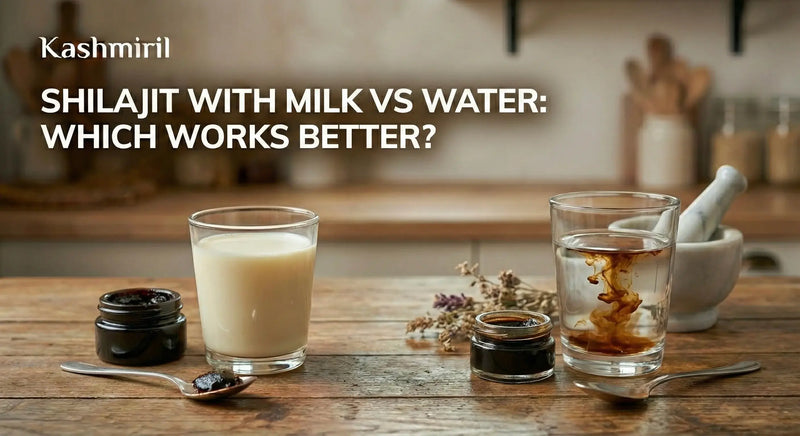 Shilajit with milk vs water: which works better? A glass of milk and a glass of water with Shilajit resin dissolving, alongside small jars of pure Shilajit and measuring spoons on a wooden table.