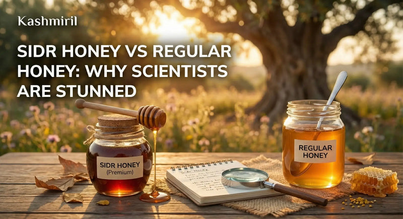 Sidr Honey vs Regular Honey comparison - dark amber premium Sidr honey with honey dipper beside lighter regular honey jar, with honeycomb and magnifying glass on rustic wooden table under Sidr tree at golden hour