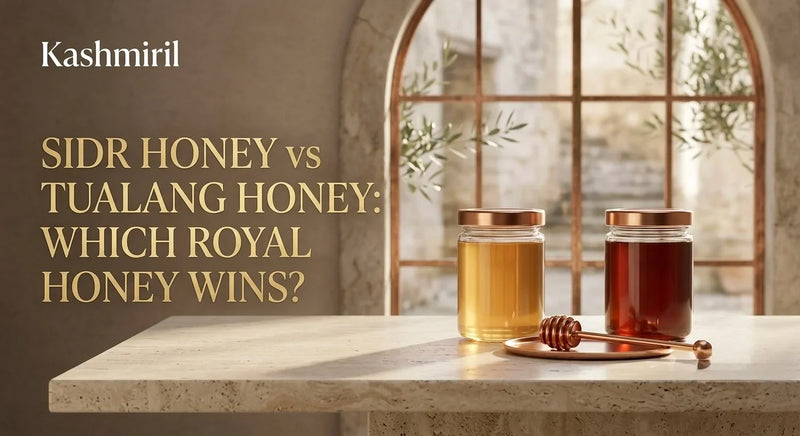Sidr Honey vs Tualang Honey: Which Royal Honey Wins? Two jars of premium honey and a copper dipper on a sunlit stone table.