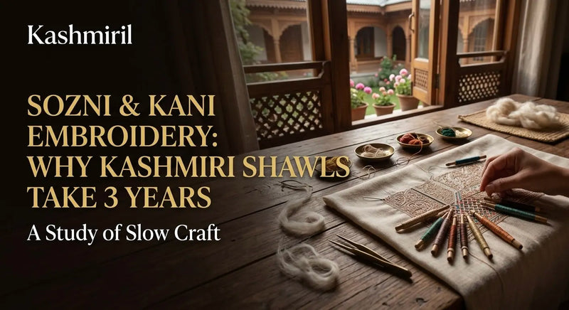 Sozni & Kani Embroidery: Why Kashmiri Shawls Take 3 Years. Hands crafting intricate embroidery with wooden bobbins.