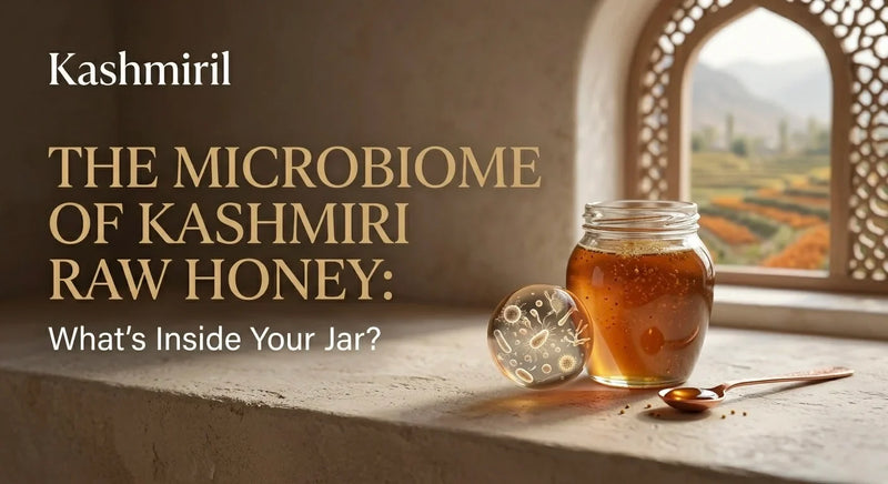Kashmiril - THE MICROBIOME OF KASHMIRI RAW HONEY: What’s Inside Your Jar? Jar of golden raw honey beside magnified microbiome illustration on stone windowsill with mountain scenery.