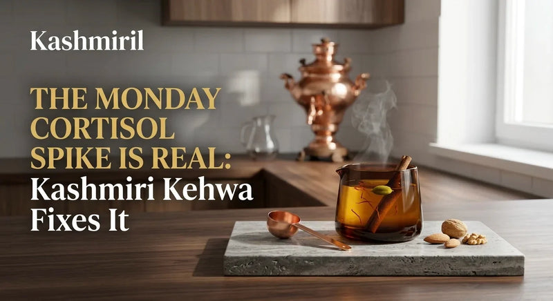 Steaming Kashmiril Kashmiri Kehwa in glass with saffron, cinnamon and nuts on kitchen counter. Blog title: THE MONDAY CORTISOL SPIKE IS REAL: Kashmiri Kehwa Fixes It