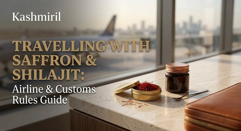 Kashmiril - TRAVELLING WITH SAFFRON & SHILAJIT: Airline & Customs Rules Guide. Saffron tin and shilajit jar at airport terminal with airplane view.