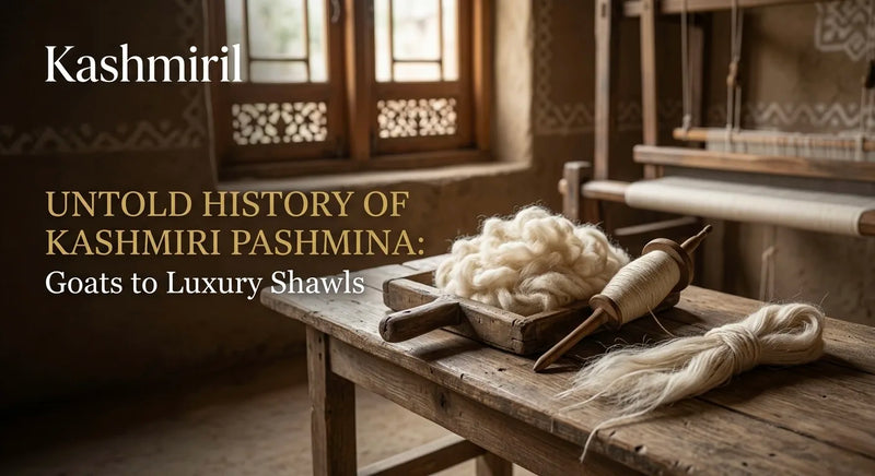 Kashmiril - UNTOLD HISTORY OF KASHMIRI PASHMINA: Goats to Luxury Shawls. Soft raw pashmina wool, wooden spindle and yarn on rustic wooden table with traditional weaving loom in background.
