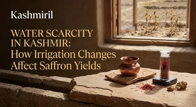 WATER SCARCITY IN KASHMIR: How Irrigation Changes Affect Saffron Yields. Saffron threads and vial on stone facing a dry farm window.