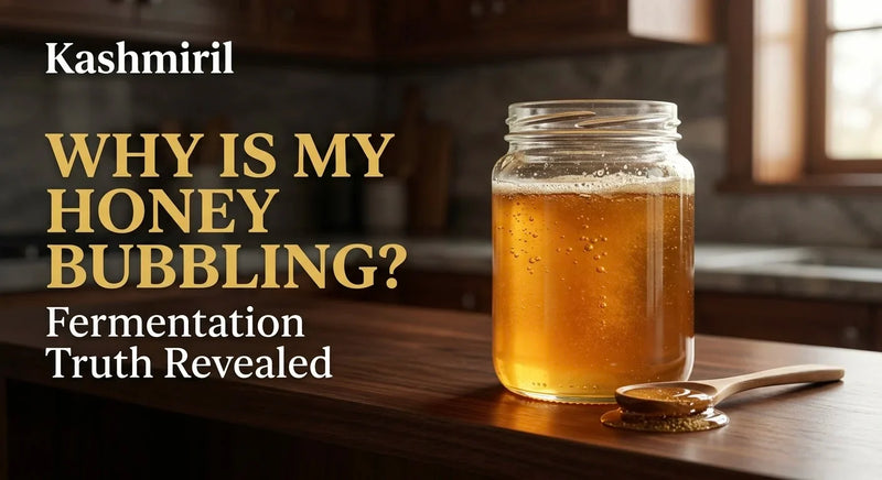 WHY IS MY HONEY BUBBLING? Fermentation Truth Revealed by Kashmiril. Glass jar of golden honey with visible bubbles on a kitchen counter next to a wooden spoon, illustrating natural fermentation.