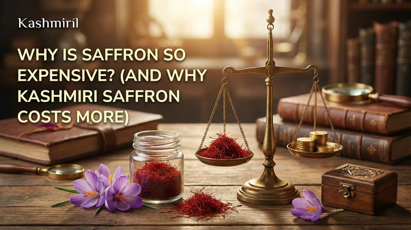 Vintage scale weighing red saffron threads against gold coins, featuring the blog title: WHY IS SAFFRON SO EXPENSIVE? (AND WHY KASHMIRI SAFFRON COSTS MORE).