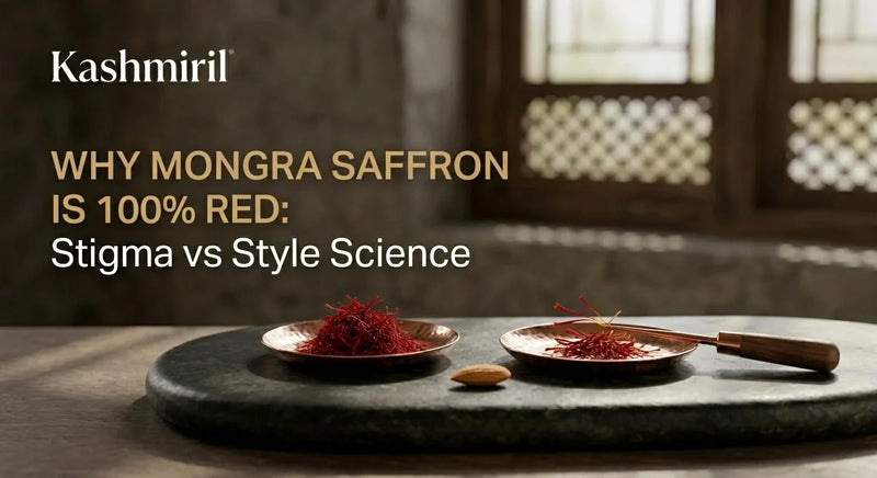 Kashmiril | WHY MONGRA SAFFRON IS 100% RED: Stigma vs Style Science. Vibrant red Mongra saffron stigmas displayed in two copper dishes on dark stone surface.