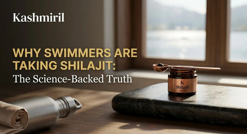 Kashmiril Shilajit resin jar with copper spoon on stone slab by scenic mountain window. Blog title: WHY SWIMMERS ARE TAKING SHILAJIT: The Science-Backed Truth
